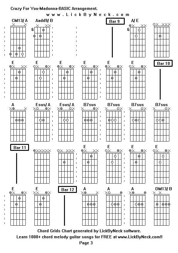 Chord Grids Chart of chord melody fingerstyle guitar song-Crazy For You-Madonna-BASIC Arrangement,generated by LickByNeck software.